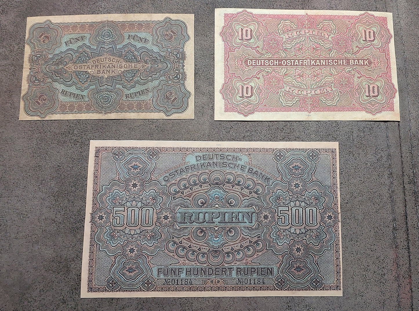 Reprint on paper with W/M German East Africa 5, 10, 50, 100, 500 Rupien 1905 NEW