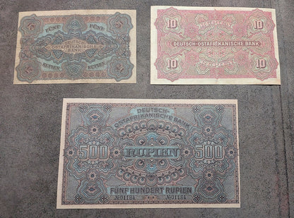 Réimpression sur papier avec filigrane Afrique Orientale Allemande 5, 10, 50, 100, 500 Rupies 1905 NOUVEAU