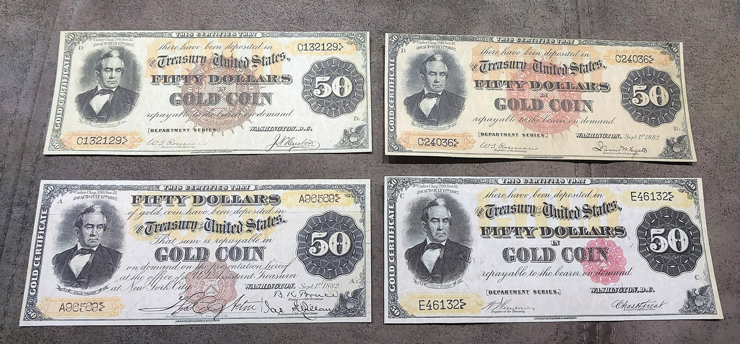 50 Dollar 1882 US Gold Certificate Big Brown, Big Red and Small Flower Seals