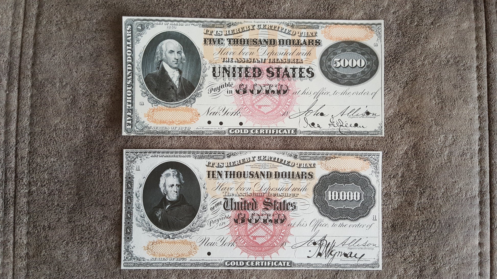 5000 and 10000 Dollar 1875 Ultra High Denomination US Gold Certificates