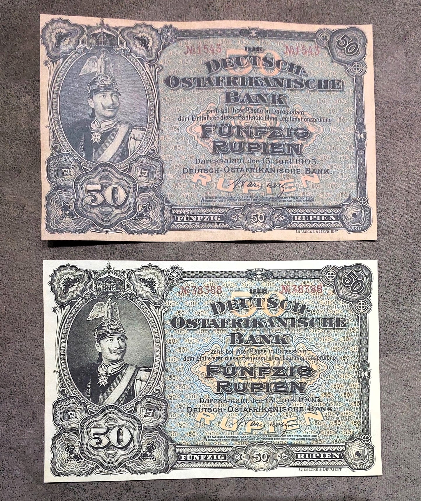 Reprint on paper with W/M German East Africa 5, 10, 50, 100, 500 Rupien 1905 NEW