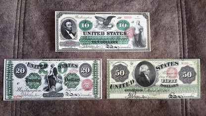 Réimpression sur papier avec filigrane Billets à ordre des États-Unis et Monnaie légale 1861-1863