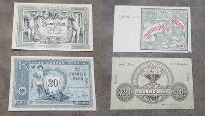 Reimpresión en papel con W/M Alemania 1874-1899. 5, 20, 50 y 100 marcos. ENVÍO GRATUITO.