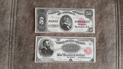 Réimpression sur papier avec filigrane Billets des États-Unis 1891. LIVRAISON GRATUITE !