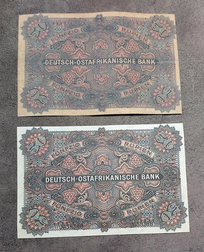 Réimpression sur papier avec filigrane Afrique Orientale Allemande 5, 10, 50, 100, 500 Rupies 1905 NOUVEAU
