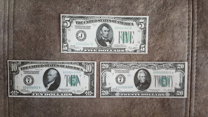 Réimpression sur papier avec filigrane, billets de banque des États-Unis de 1928. LIVRAISON GRATUITE !