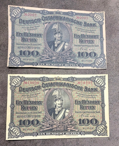 Réimpression sur papier avec filigrane Afrique Orientale Allemande 5, 10, 50, 100, 500 Rupies 1905 NOUVEAU