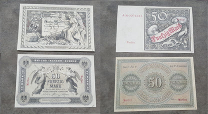 Reimpresión en papel con W/M Alemania 1874-1899. 5, 20, 50 y 100 marcos. ENVÍO GRATUITO.