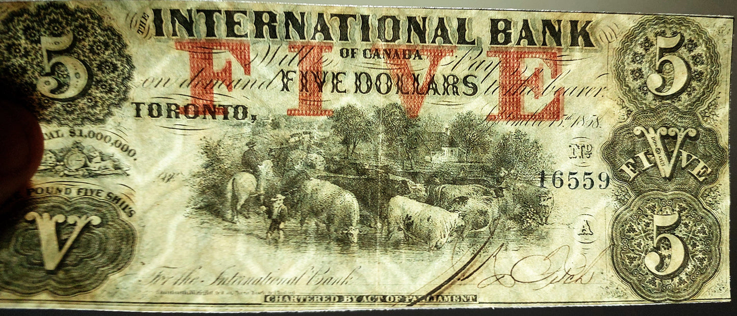 Reprint on paper with W/M Canada INTERNATIONAL Bank 1858-1859 y. Dollar FREE SHIPPING
