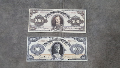 Réimpression sur papier avec filigrane SET-A Banque Dominion du Canada 1923-1924. Livraison gratuite