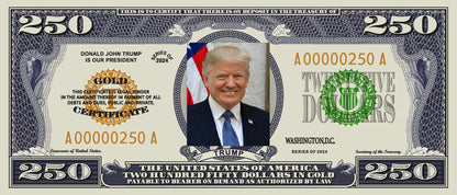 Souvenir 4 Billets États-Unis 250 Dollars 2025 avec Donald Trump LIVRAISON GRATUITE !