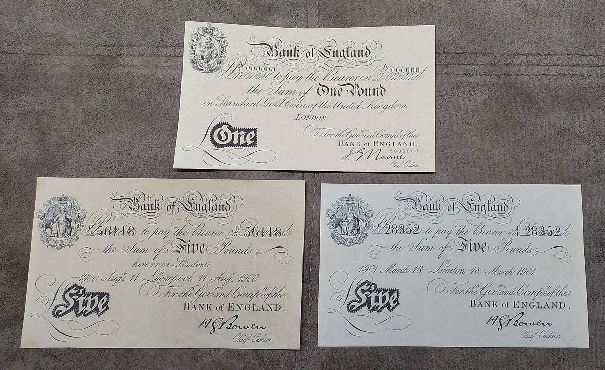 Three-note layout (trio) featuring front/obverse views of 5 Pound banknotes issued from Liverpool (1900), London (1901, 1908), and Plymouth (1914) branches.