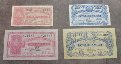 Group of 4 banknotes (quartet) featuring front/obverse views of the 1918 ($1, $2) and 1920 big-size ($1, $2) issues.