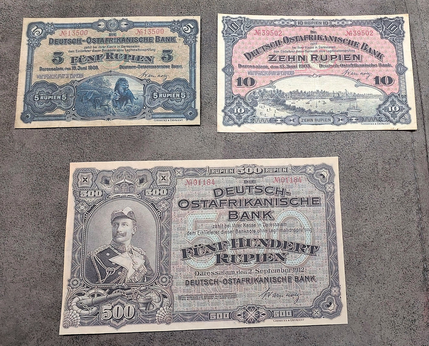 German East Africa 5 Rupien and 10 Rupien banknotes 1905 front obverse view