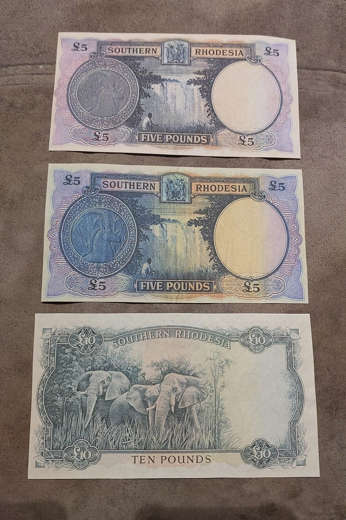 Southern Rhodesia High Denomination Trio - 5 Pounds King George VI, 5 Pounds Queen back