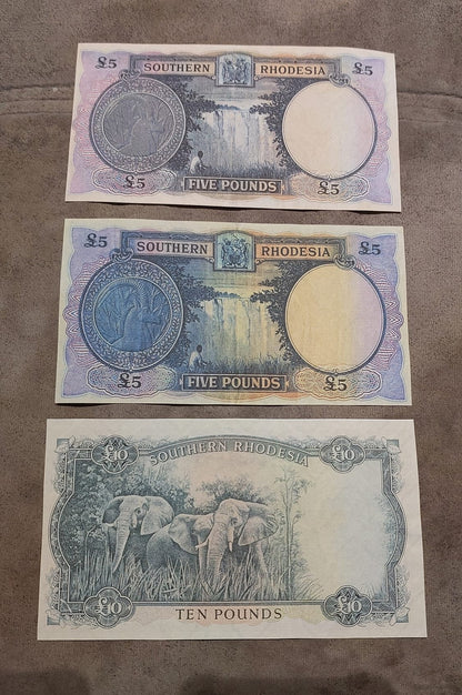 Southern Rhodesia High Denomination Trio - 5 Pounds King George VI, 5 Pounds Queen back