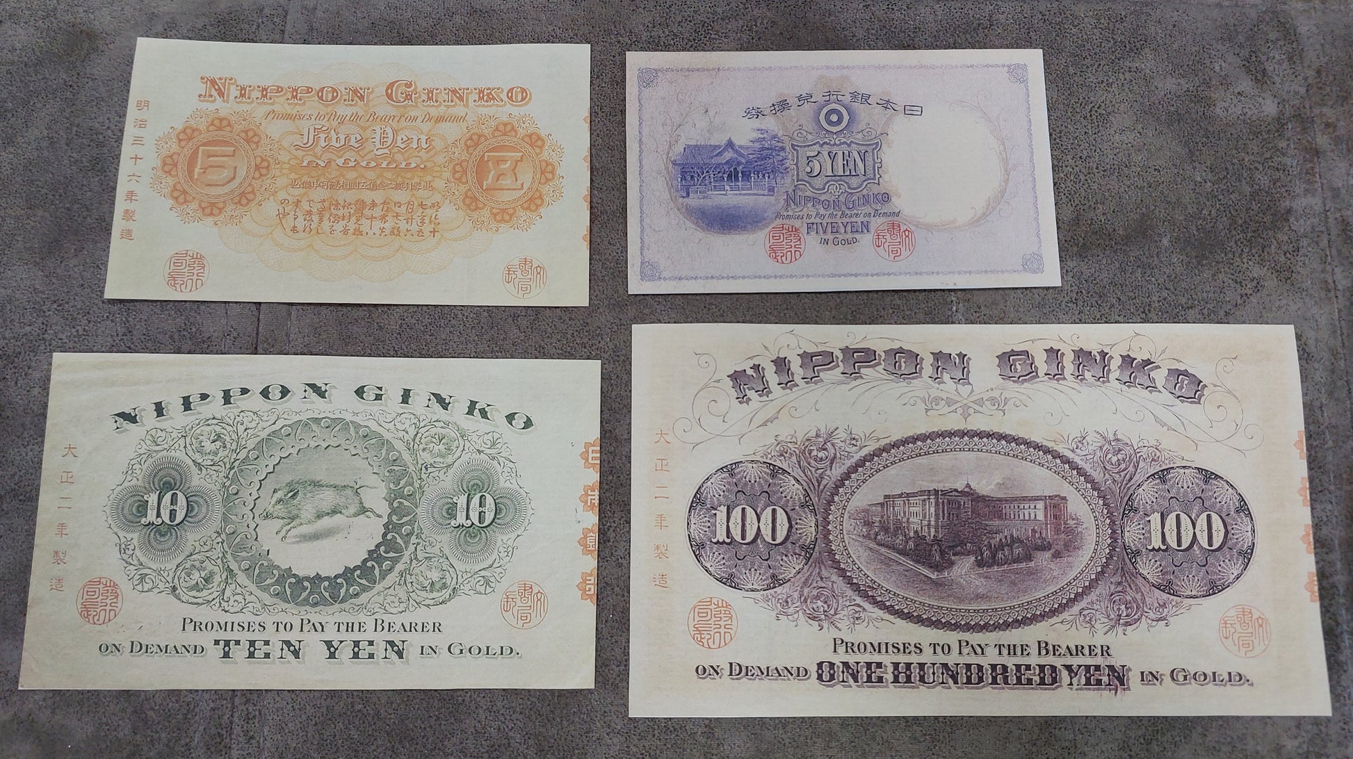 Japanese Convertible Gold Note set featuring 5 Yen 1899, 10 Yen 1899, 100 Yen 1900, and 5 Yen 1910 明治金券 back
