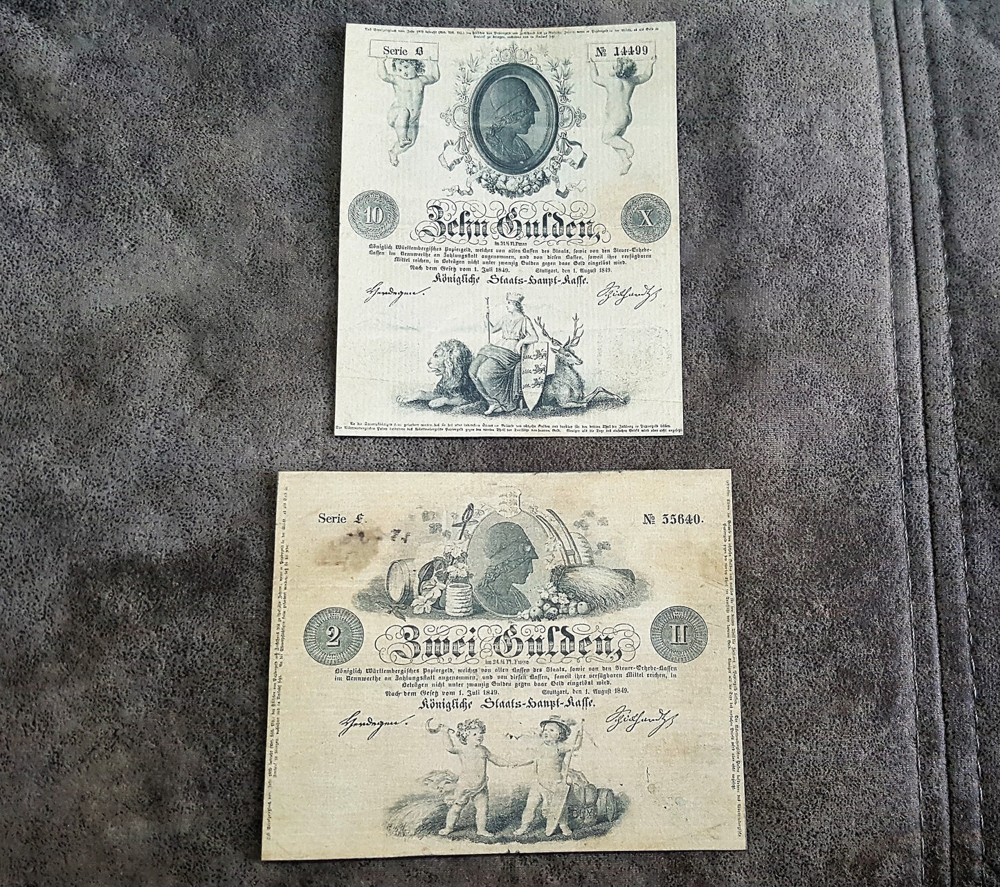 Old German States 10 Gulden 1849 and 2 Gulden 1849 banknotes front obverse view