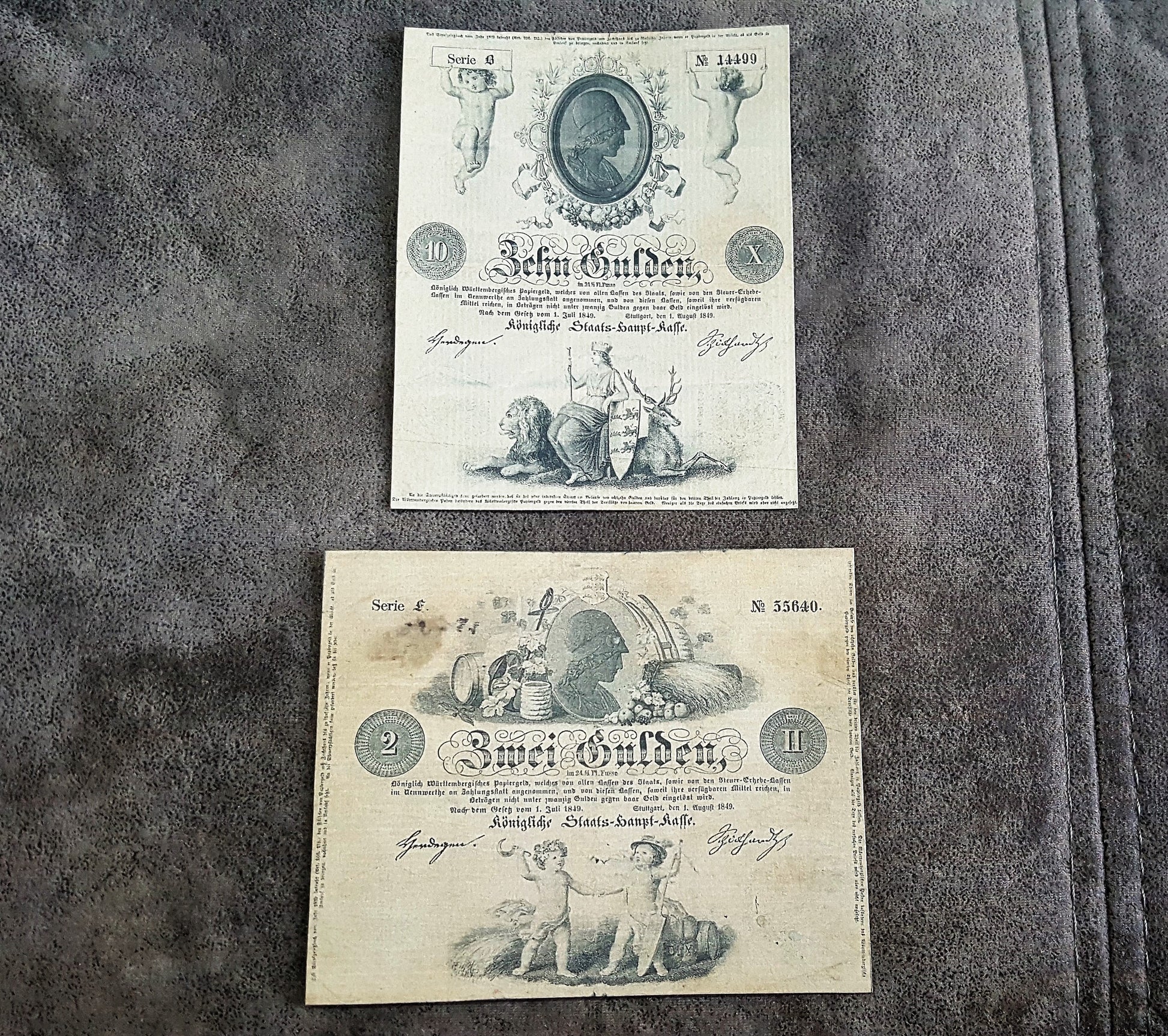 Old German States 10 Gulden 1849 and 2 Gulden 1849 banknotes front obverse view
