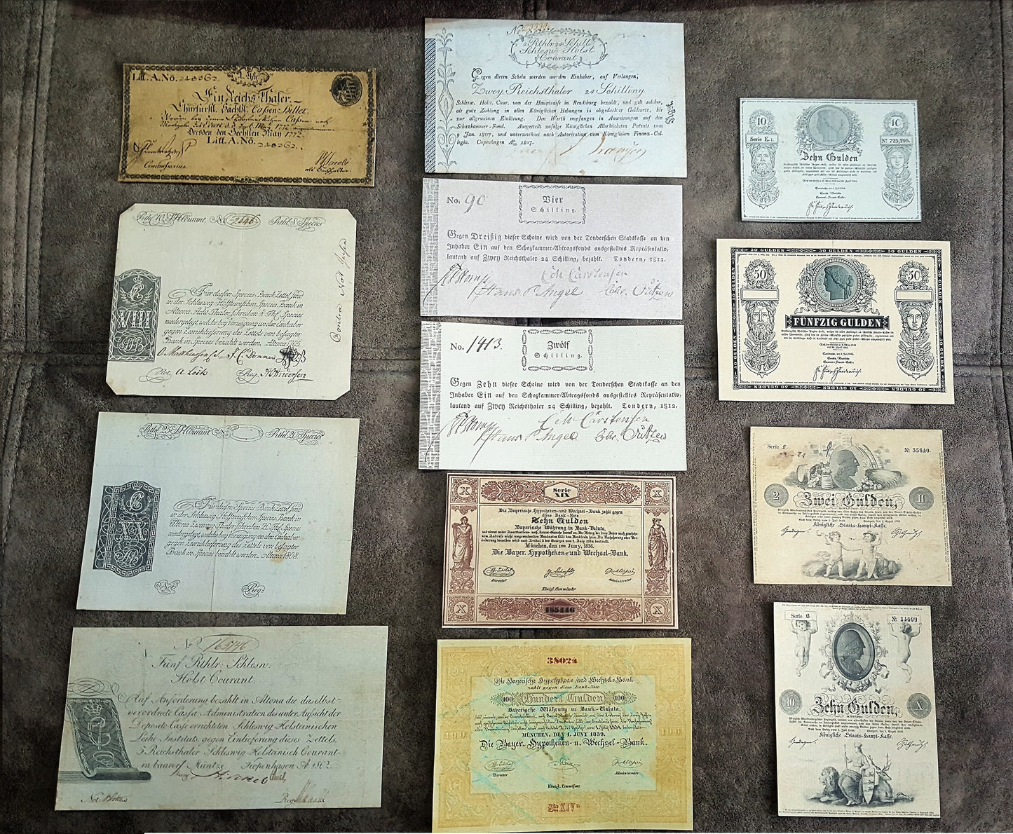 Old German States banknote collection 1772-1854 13 notes front obverse view