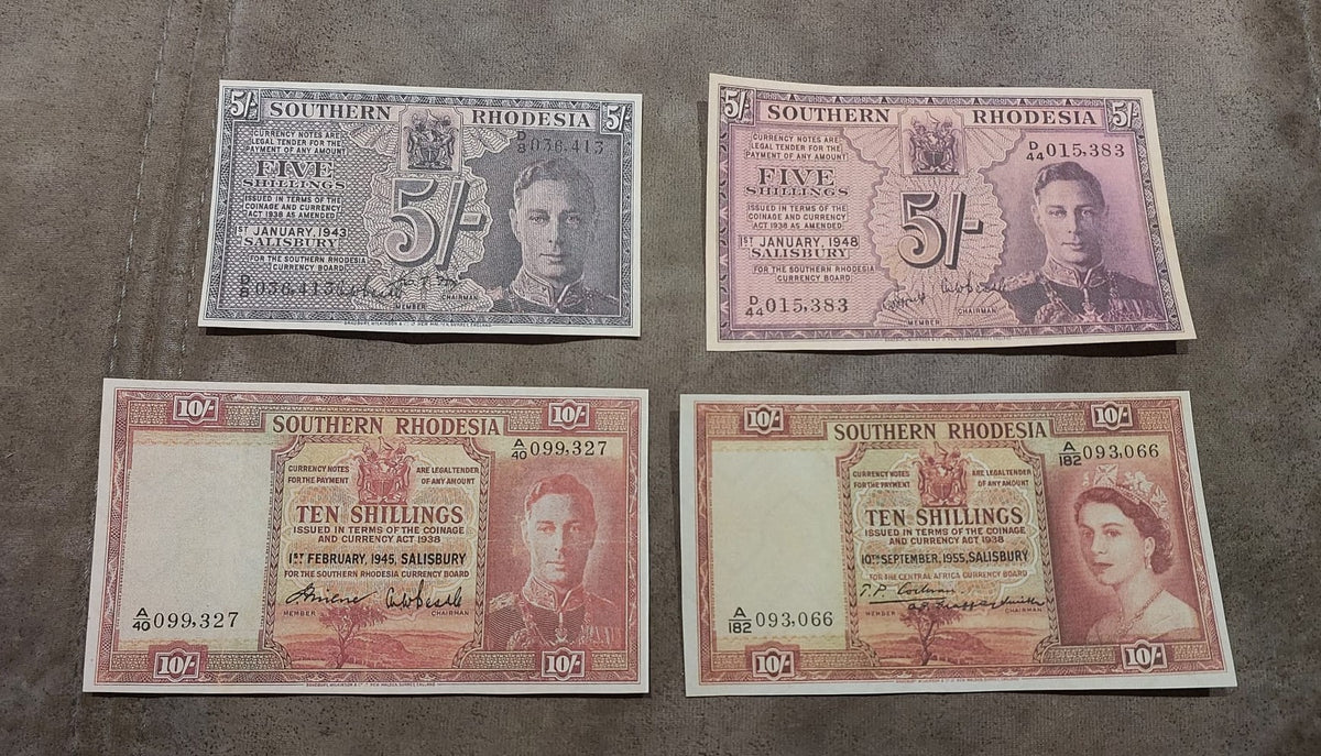 Four-note grid layout (quartet) featuring front/obverse views of key Shilling and Pound denominations across Type A and Type B varieties.