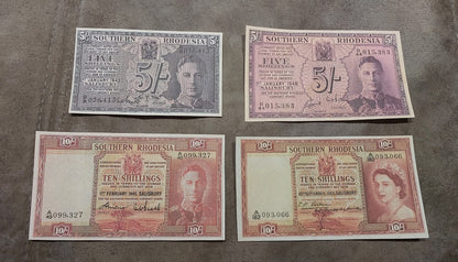 Four-note grid layout (quartet) featuring front/obverse views of key Shilling and Pound denominations across Type A and Type B varieties.