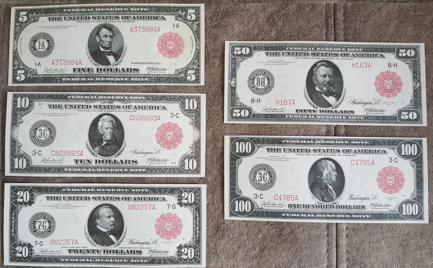 Reprint on paper with W/M United States banknotes 1914 y. RED S/N FREE SHIPPING!