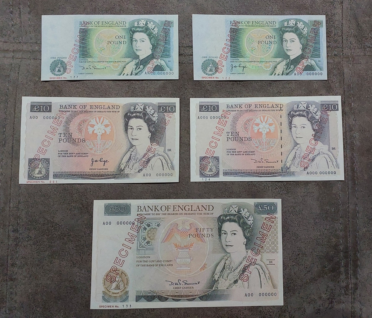 Group layout displaying front/obverse views of the 20 Pound Specimen issues across different design series and signature types (1970–1991)