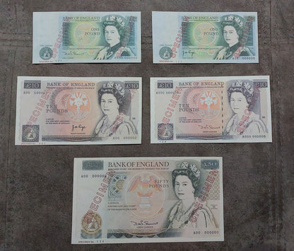 Group layout displaying front/obverse views of the 20 Pound Specimen issues across different design series and signature types (1970–1991)