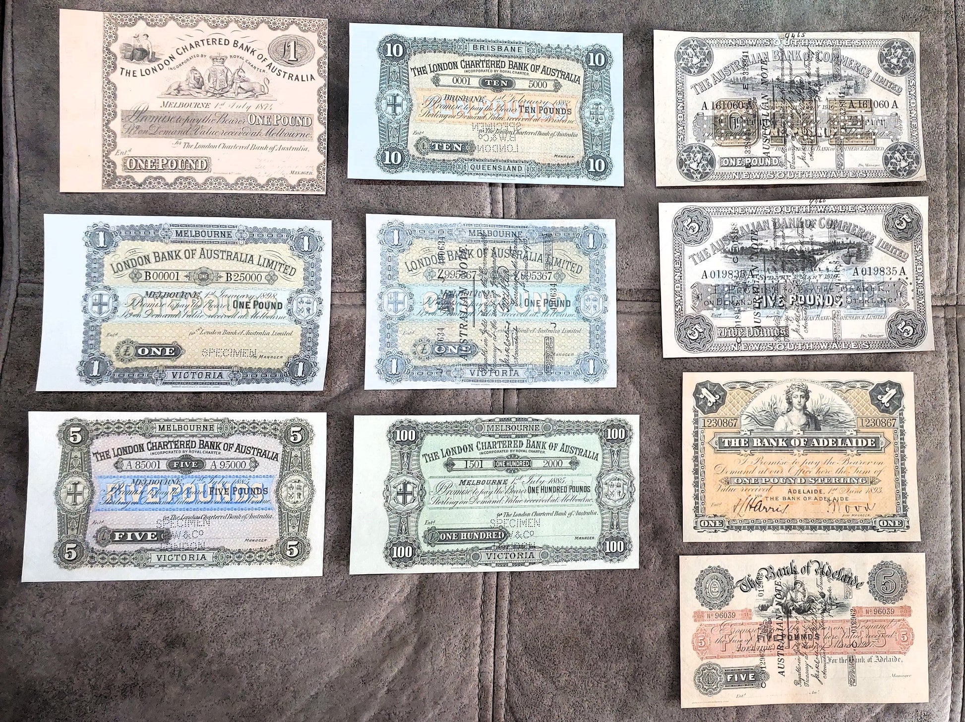 Rare Australia 1874-1910 historical banknote collection set A - front view of 10 notes