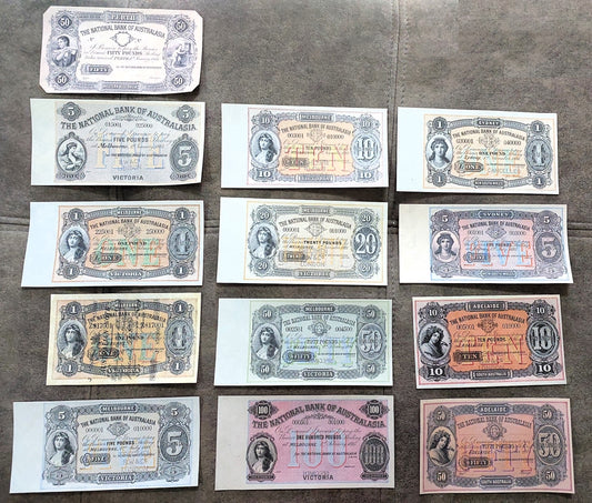 Rare Australia 1876-1910 historical banknote collection set B - front view of 13 notes
