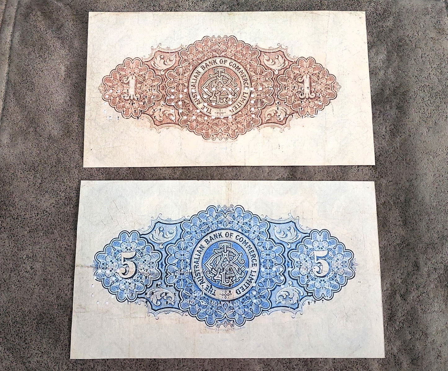 The Australian Bank of Commerce 1 Pound & 5 Pound 1910 Specimen notes reverse side