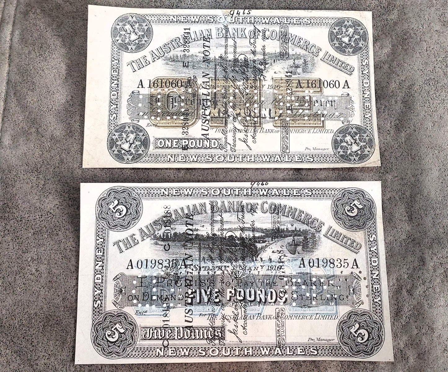 The Australian Bank of Commerce 1 Pound & 5 Pound 1910 Specimen notes front