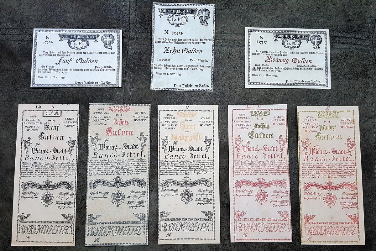 Reprint on paper with W/M Austria First Banknotes 1759-1762 years. FREE SHIPPING