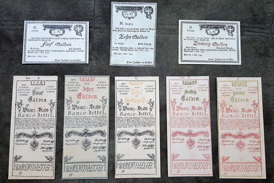 Reimpresión en papel con marca de agua Austria primeros billetes años 1759-1762. ENVÍO GRATIS

