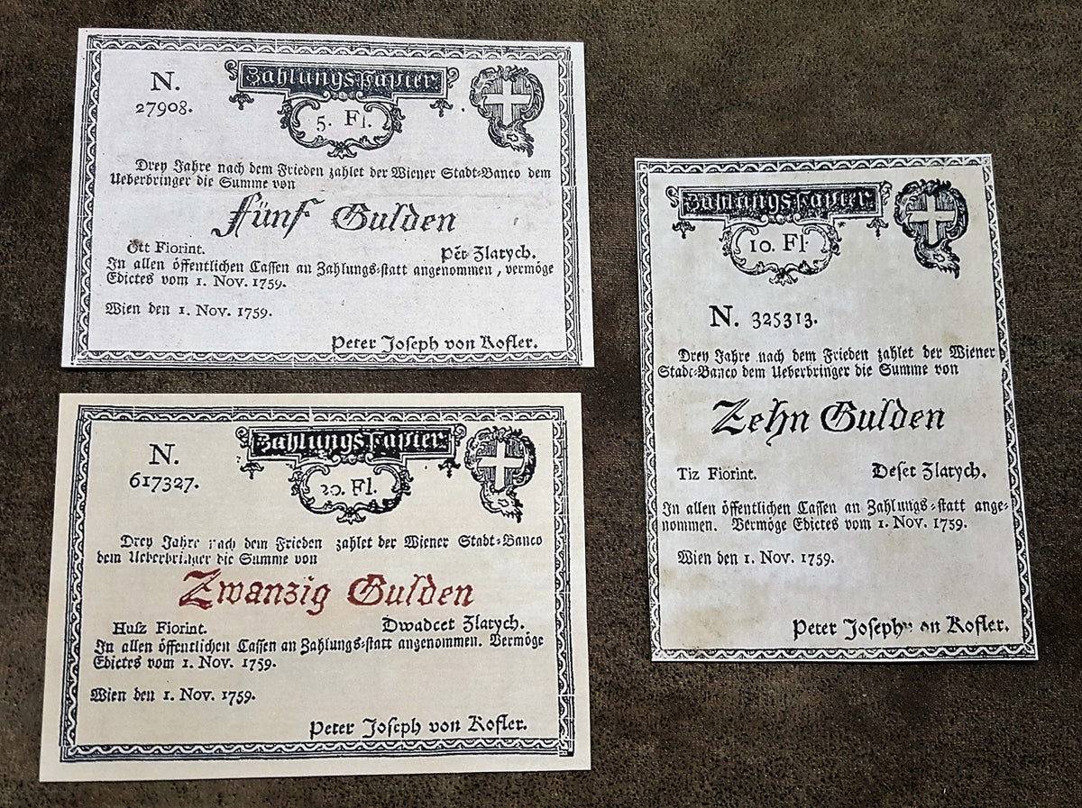 Obverse layout of the 1759 Austria first issue Gulden Banco-Zettel banknotes. Features historic Maria Theresa era monochrome copperplate typography, ornate imperial crests, and distinct early central bank validation stamps.