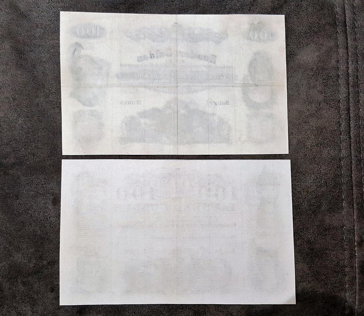 Reverse side profiles of the high-value 1847 Austrian state banknotes, showing clean paper layouts, traditional watermark framing outlines, and early printing press indentations.