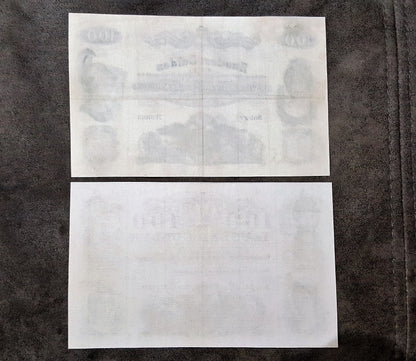 Reverse side profiles of the high-value 1847 Austrian state banknotes, showing clean paper layouts, traditional watermark framing outlines, and early printing press indentations.
