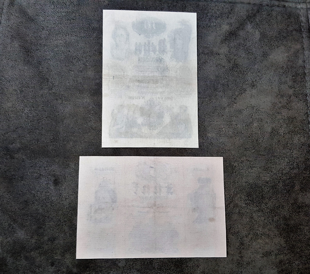 Reverse views of the 1847 Austrian uniface promissory banknotes. Highlights old European security rag paper aging aesthetics and crisp plate indentation lines crucial for archival reference.