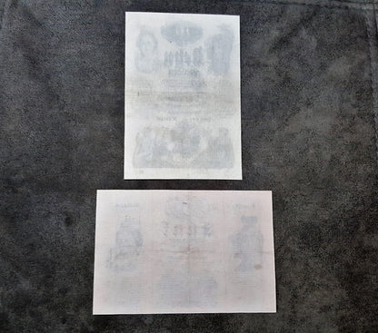 Reverse views of the 1847 Austrian uniface promissory banknotes. Highlights old European security rag paper aging aesthetics and crisp plate indentation lines crucial for archival reference.