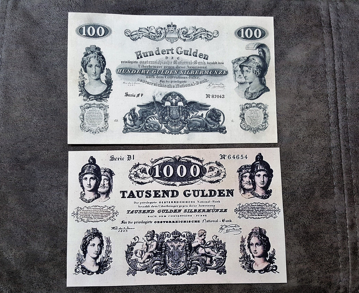 Obverse layout of the rare high-denomination Austria 1847 100 Gulden and 1000 Tausend Gulden treasury notes. Displays complex fine-line copperplate engraving frames and deep ink contrast.