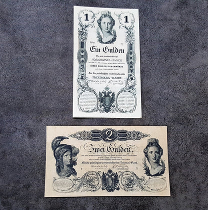 Obverse layout of the 1848 Austrian Gulden notes from the historic revolutionary era. Features traditional German calligraphic scripts, imperial seals, and distinct early central bank printing frames.