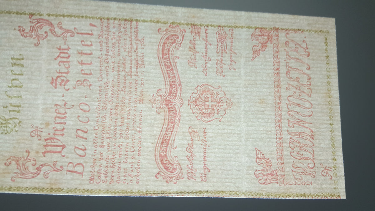 Detailed historical reference view of early Austrian Banco-Zettel currency varieties, showcasing clean printing plate registry lines and exceptional ink contrast for currency grading and research.