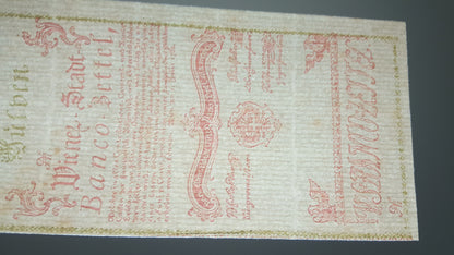 Detailed historical reference view of early Austrian Banco-Zettel currency varieties, showcasing clean printing plate registry lines and exceptional ink contrast for currency grading and research.