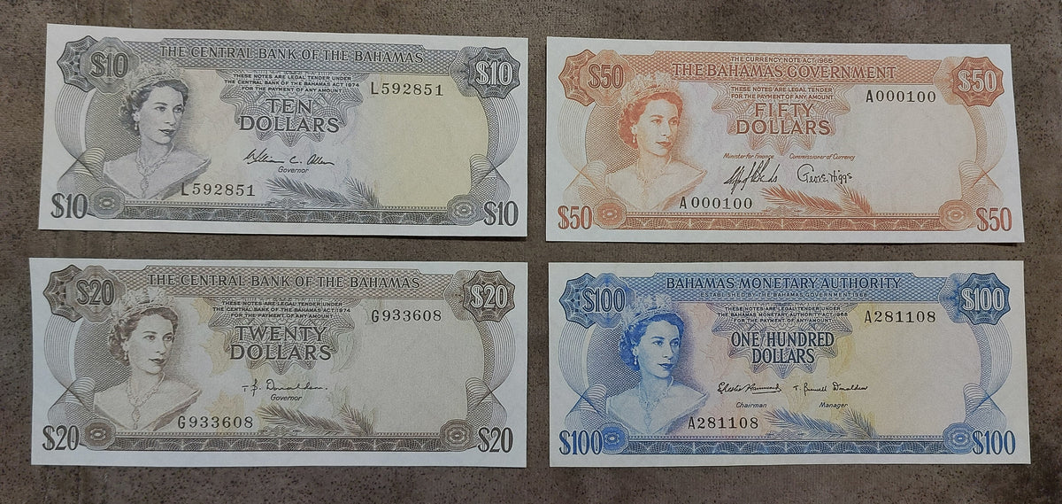 Detailed obverse view of the 1974 Bahamas 10 Pounds paper currency note 20 Pounds 50-pounds 100 Pounds