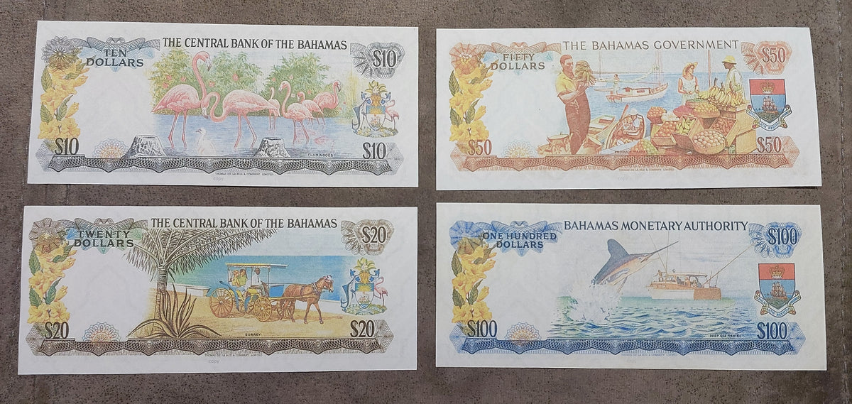 Detailed obverse view of the 1974 Bahamas 10 Pounds paper currency note 20 Pounds 50-pounds 100 Pounds