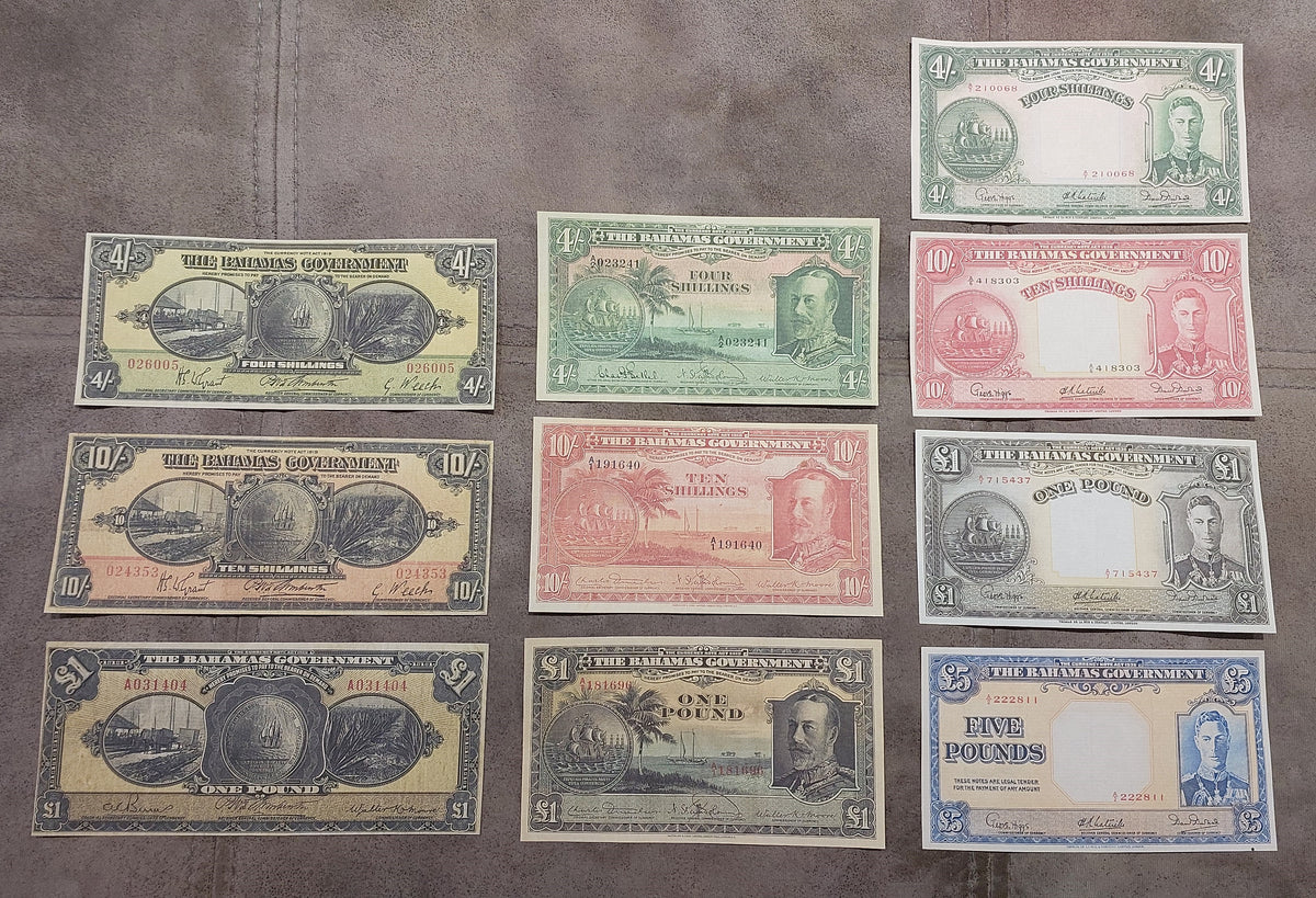 Full lot overview showing all 10 colonial Bahamian banknotes (1919–1952) displayed together.