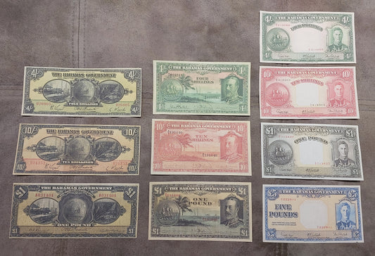 Full lot overview showing all 10 colonial Bahamian banknotes (1919–1952) displayed together.