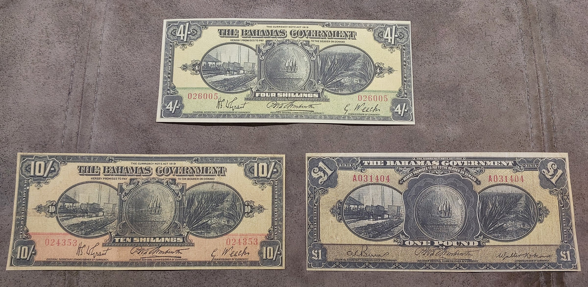 Group of 3 banknotes (trio) featuring front/obverse views of the 1919 King George V issue (4 Shillings, 10 Shillings, and 1 Pound).