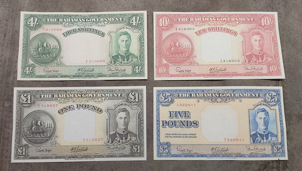 Group of 4 banknotes (quartet) featuring front/obverse views of the King George VI series (4 Shillings, 10 Shillings, 1 Pound, and 5 Pounds).